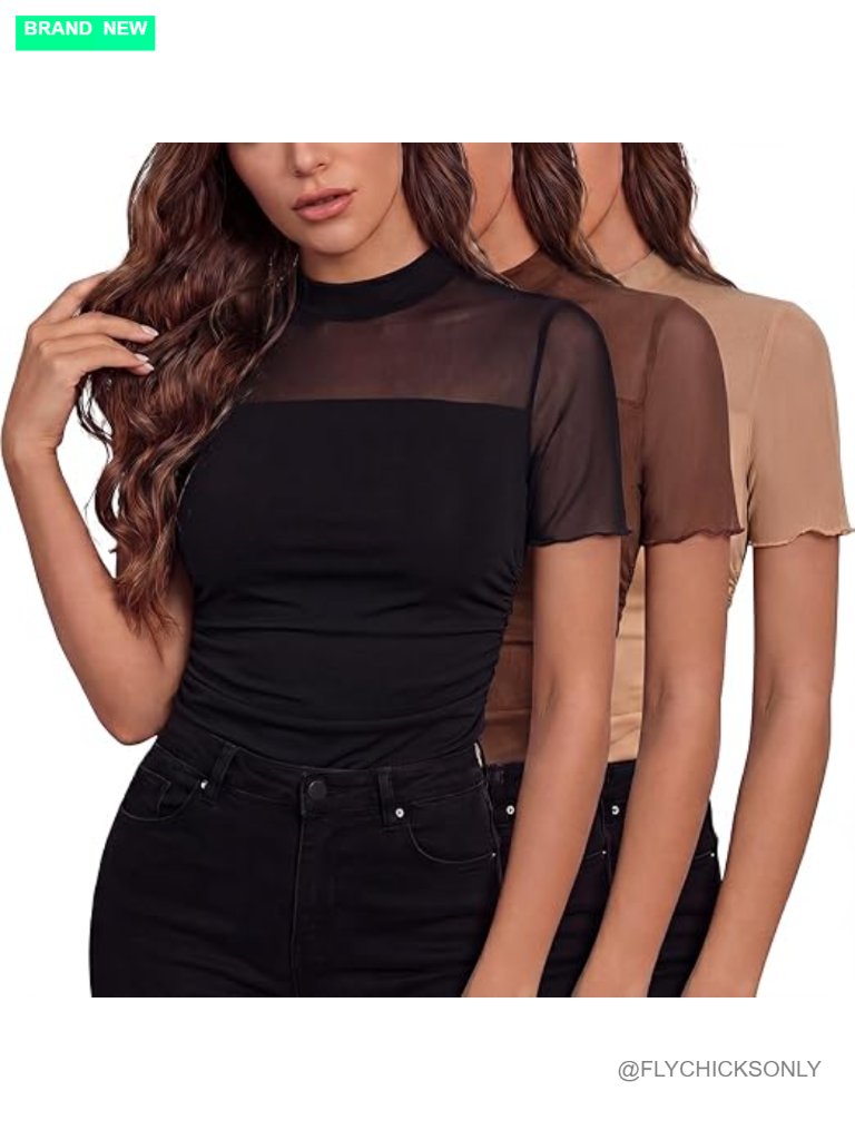 Sheer Mock Turtleneck Mesh Top Ruched Going Out Slim Blouse